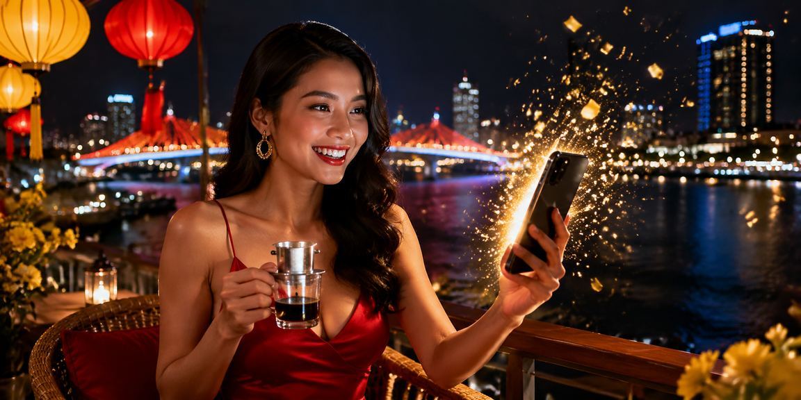 Người dùng tại Đà Nẵng theo dõi kèo bóng đá trên điện thoại di động bên ly cà phê buổi sáng