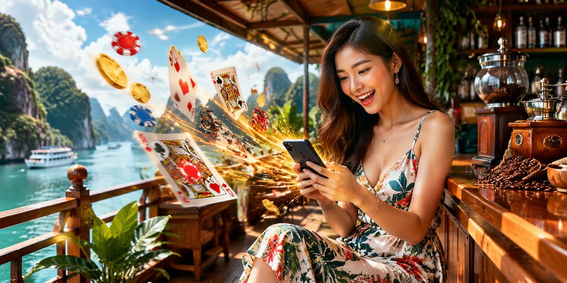 Người chơi game bài tại vịnh Hạ Long nhâm nhi cà phê và thử game mới trên điện thoại